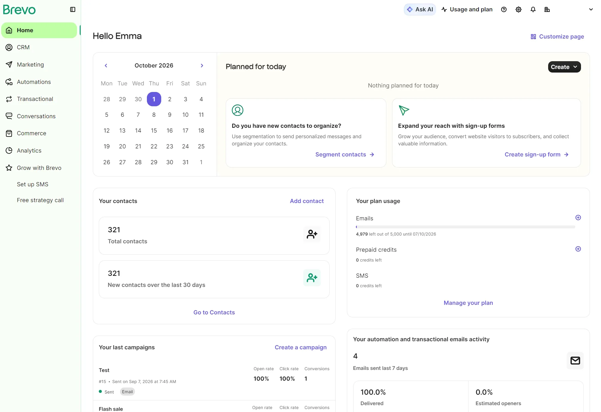Brevo dashboard showing a calendar, contact statistics, plan usage, and campaign activity for a user named Emma.