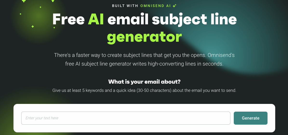 Omnisend AI email subject line generator interface with a prompt input field and a generate button.