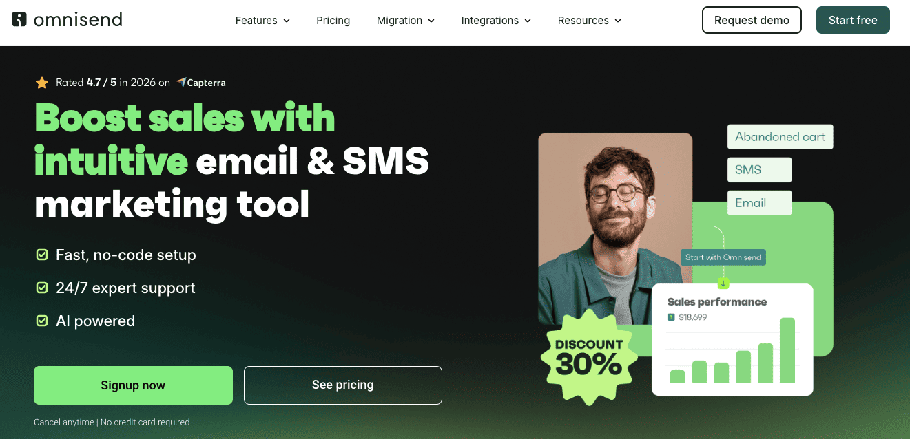 Omnisend marketing platform website hero section highlighting email and SMS automation features.