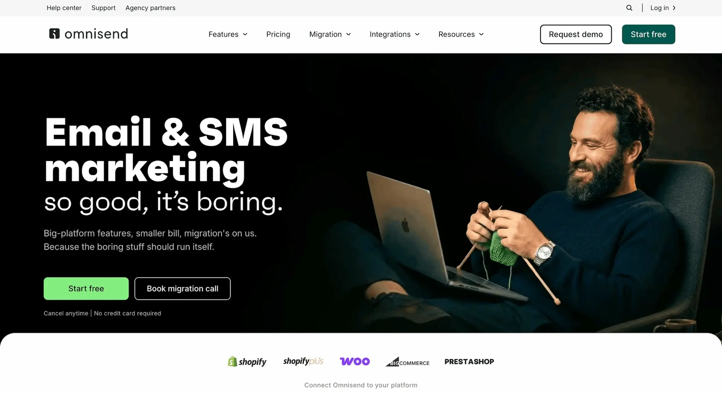 Omnisend website homepage featuring marketing services, a man knitting while using a laptop, and partner platform logos.
