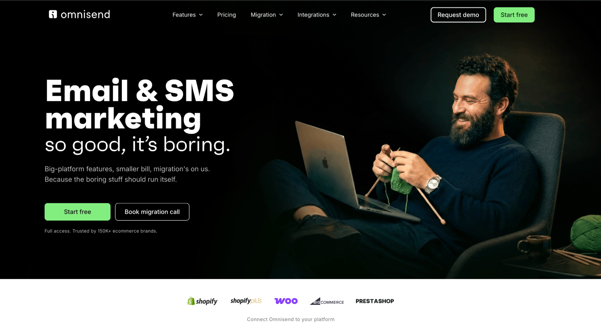 Omnisend homepage showing email and SMS marketing software benefits, a man knitting while working, and platform integrations.
