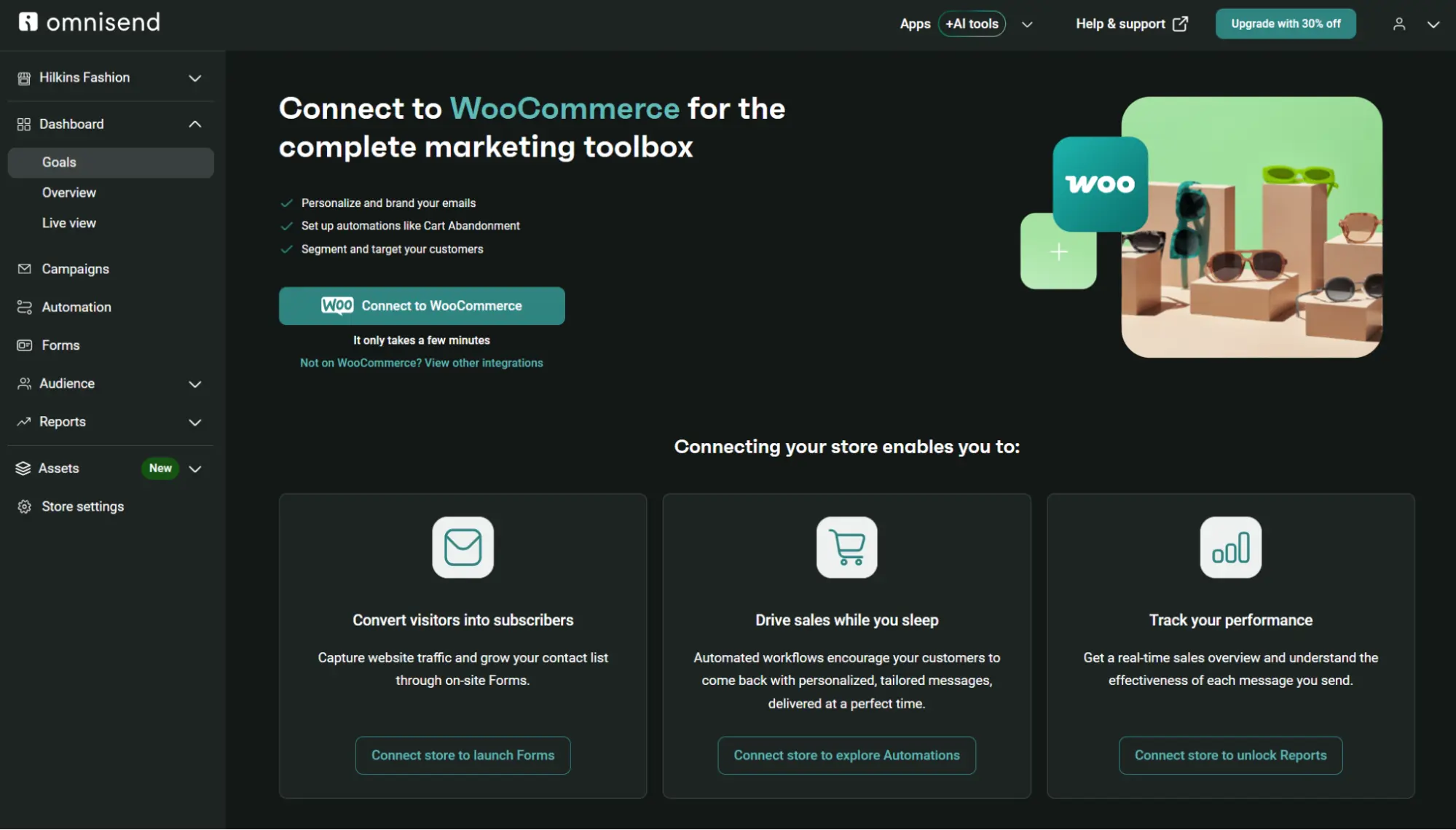 Omnisend dashboard screen showing a prompt to connect a WooCommerce store with three feature cards for marketing tools.