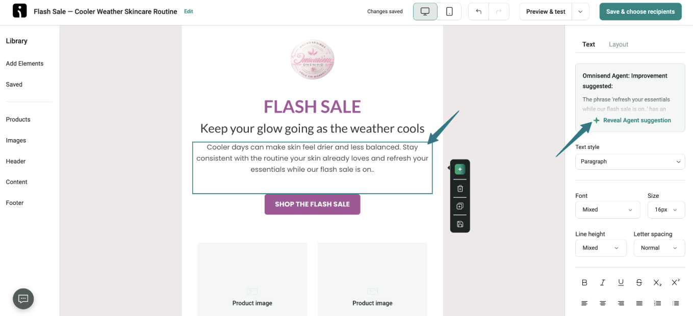Omnisend interface showing an email draft for a skincare flash sale with an AI writing suggestion prompt visible.