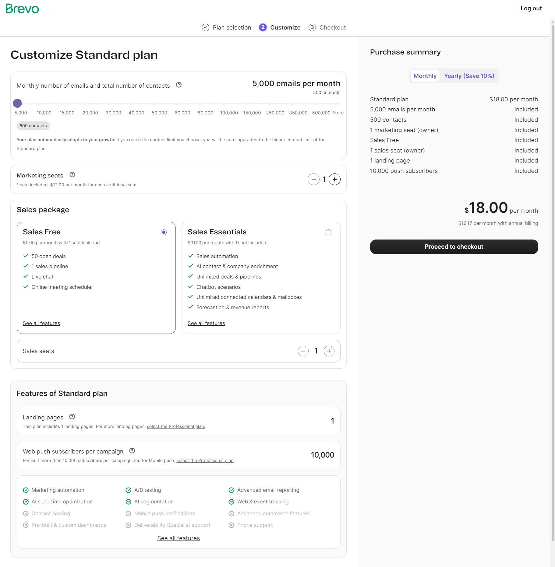 Brevo pricing page showing the Standard plan configuration, selected features, and a purchase summary totaling $18.00.
