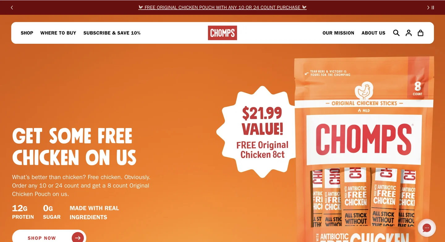 Best Shopify food and beverage stores: Chomps’ homepage featuring Original Chicken Sticks and a promotional offer for a free eight-count pack valued at $21.99 with a qualifying purchase.