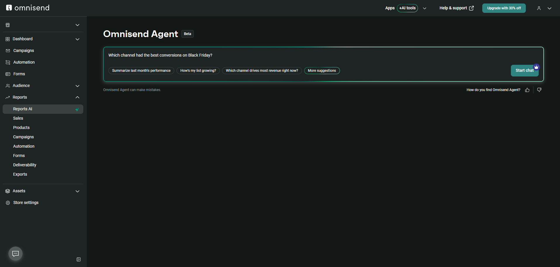 Omnisend dashboard showing the AI chat interface with suggested prompts and a text entry field.
