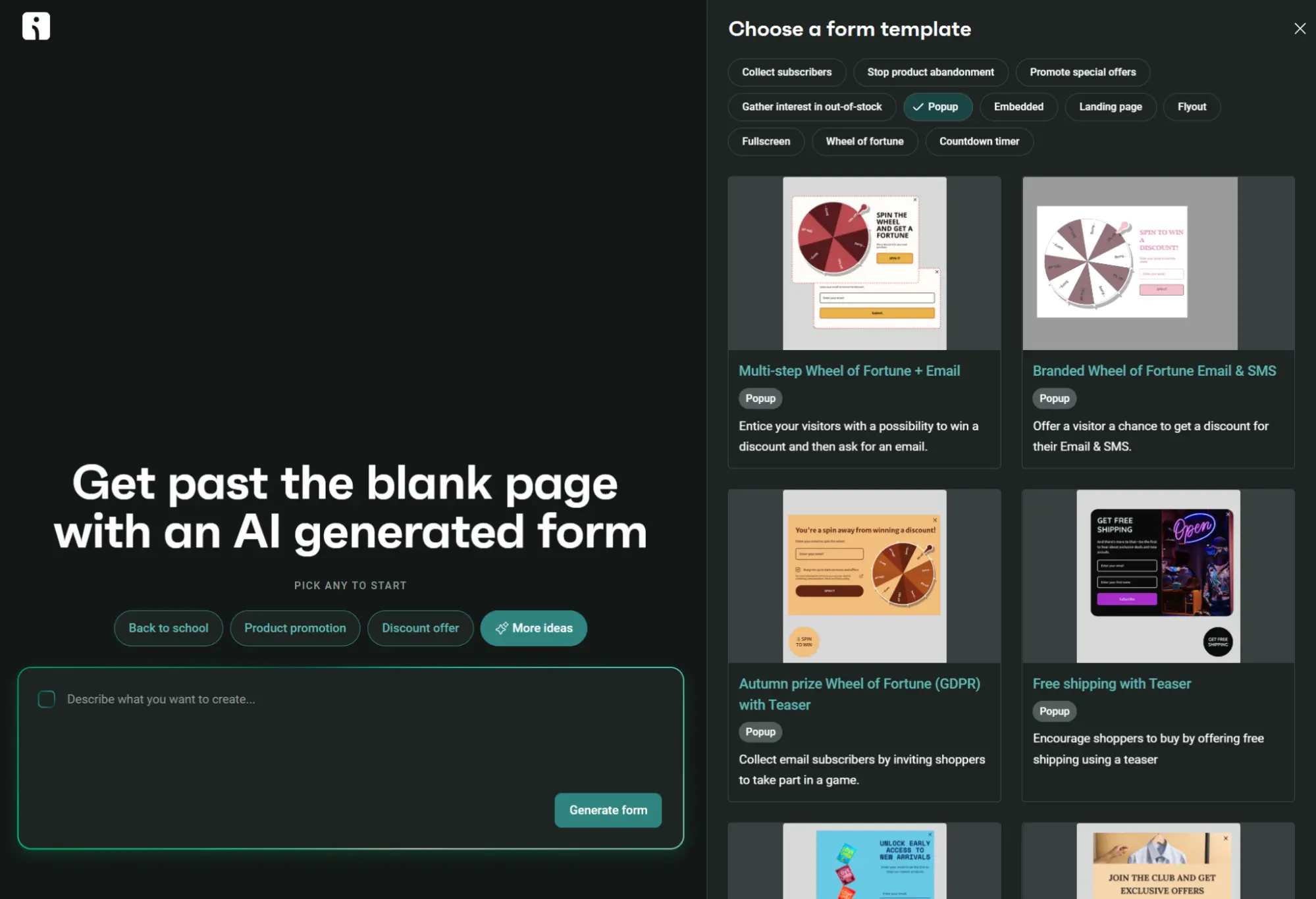 Interface for an AI form generator, showing a prompt field and a library of customizable popup templates.