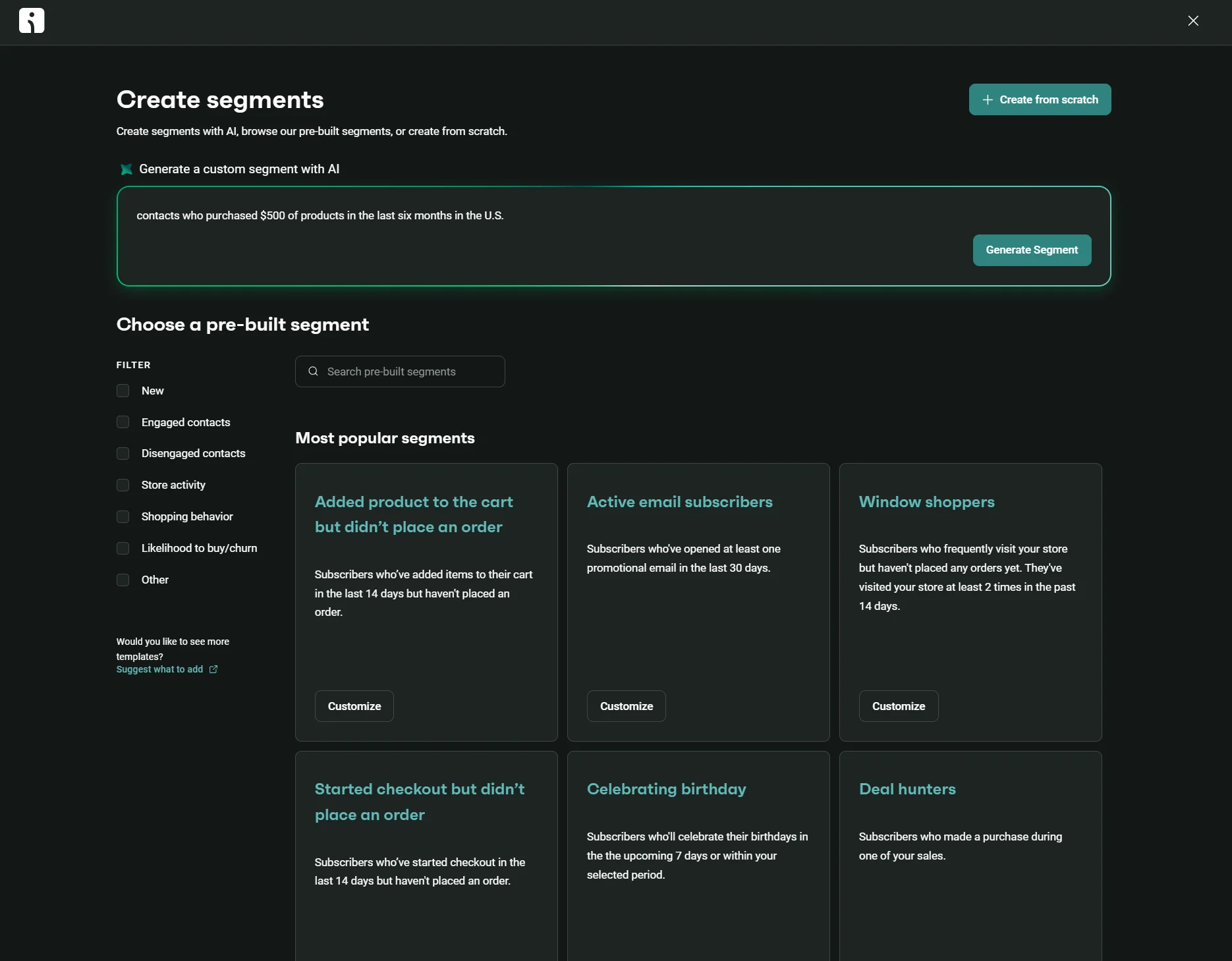 Interface for creating customer segments, showing an AI prompt field and a library of pre-built segment options.