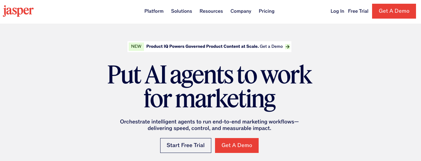 Jasper website header featuring the headline Put AI agents to work for marketing and call-to-action buttons.