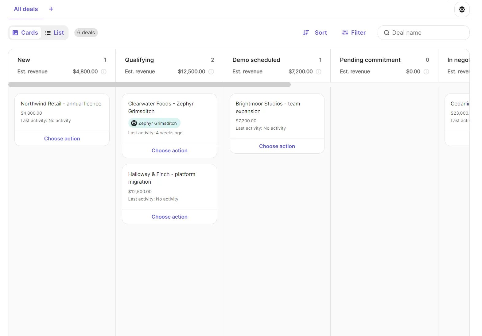 Sales pipeline board showing deal stages with revenue totals and individual deal cards.