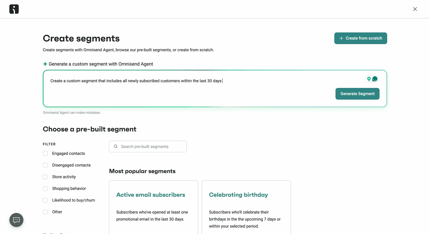 Omnisend segment creation interface showing options to generate custom segments via AI or choose from pre-built segments.
