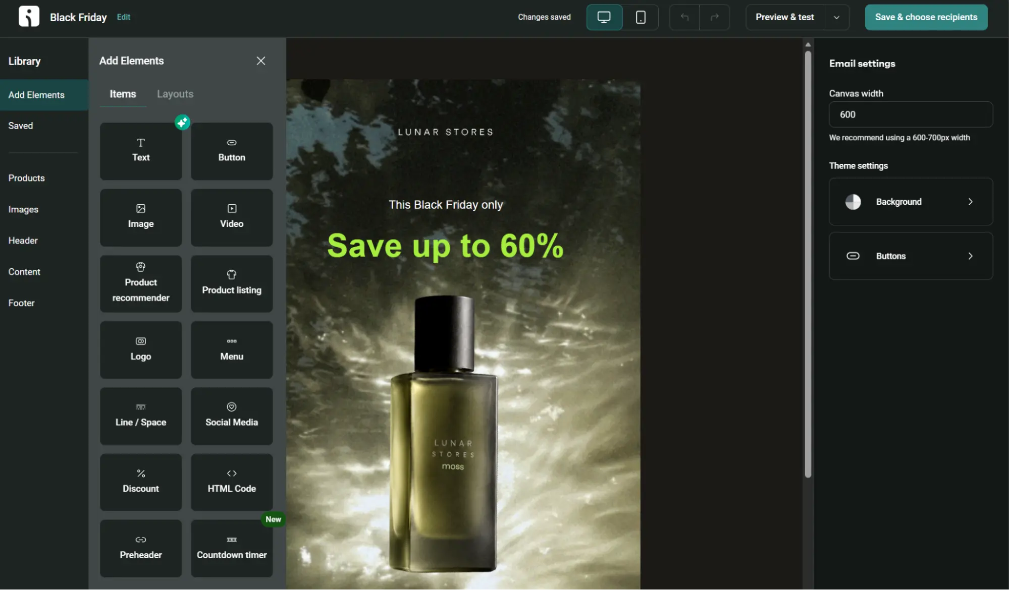 Email builder interface showing a design for Lunar Stores perfume with the text Save up to 60%.