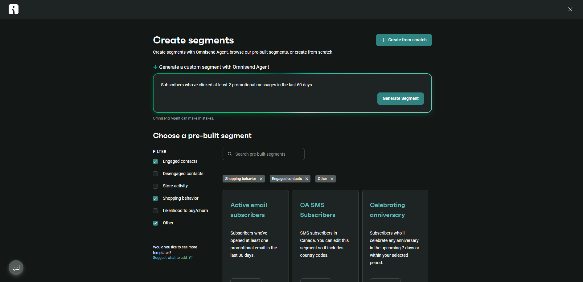 Omnisend interface for creating customer segments, showing options to generate segments via AI or select pre-built templates.