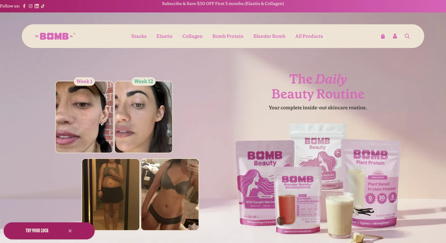 The Bomb Co.’s homepage featuring colorful smoothie products and its Daily Beauty Routine collection.