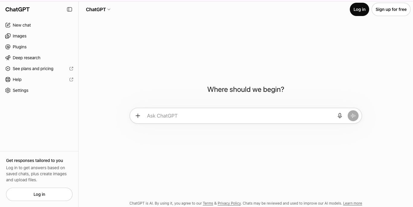 The ChatGPT homepage featuring a central search bar with the prompt Ask ChatGPT and a sidebar for account navigation.