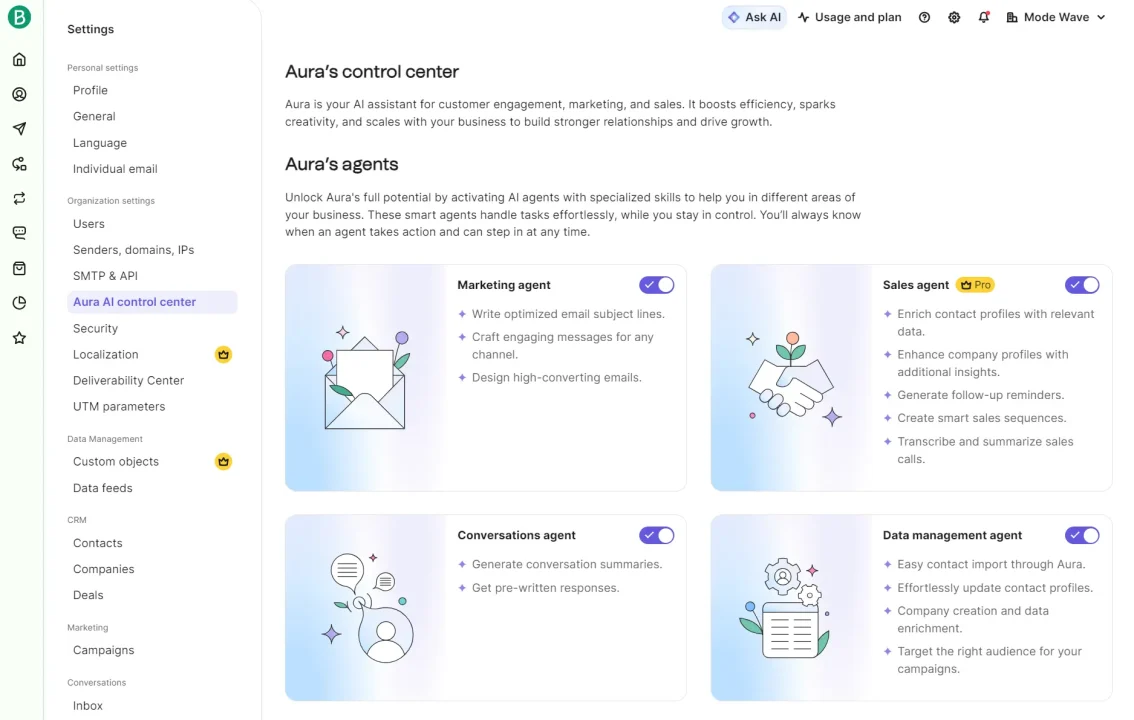 Aura software dashboard showing the AI control center with cards for Marketing, Sales, Conversations, and Data agents.