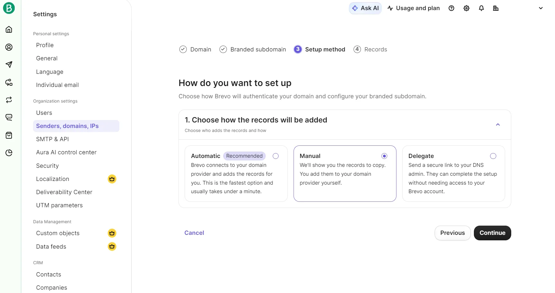 Brevo settings page showing domain setup options: Automatic, Manual, or Delegate.