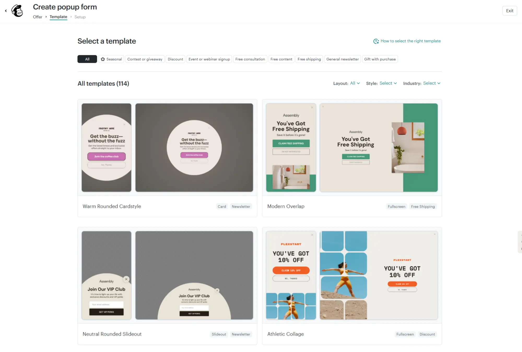 Dashboard for selecting website popup form templates, showing previews of card, slideout, and collage styles.