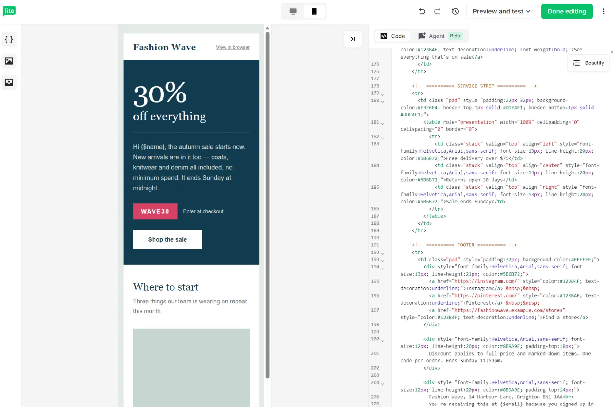 Email editor interface showing a Fashion Wave marketing email draft with 30% off text and HTML code in a side panel.