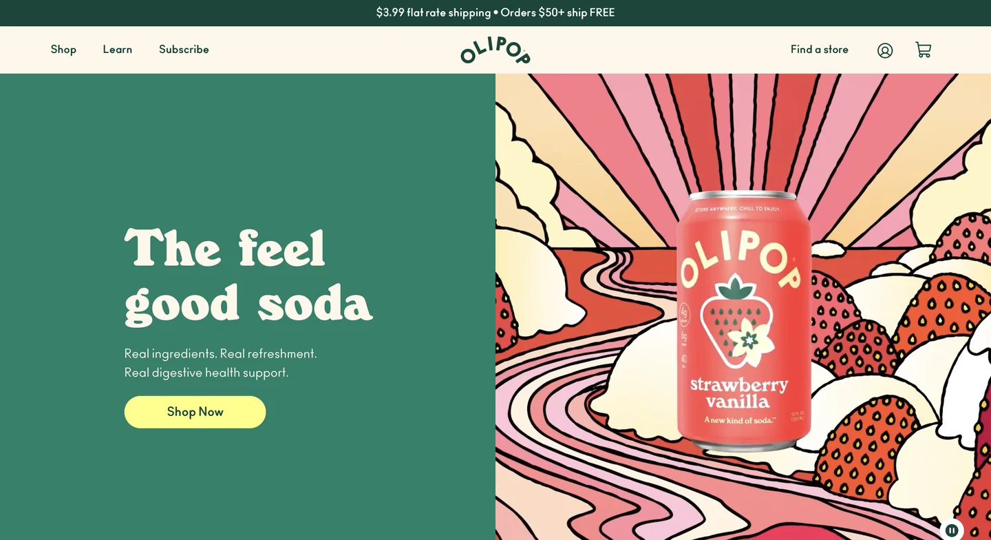 Olipop’s homepage showcasing Strawberry Vanilla soda against a colorful illustrated background.