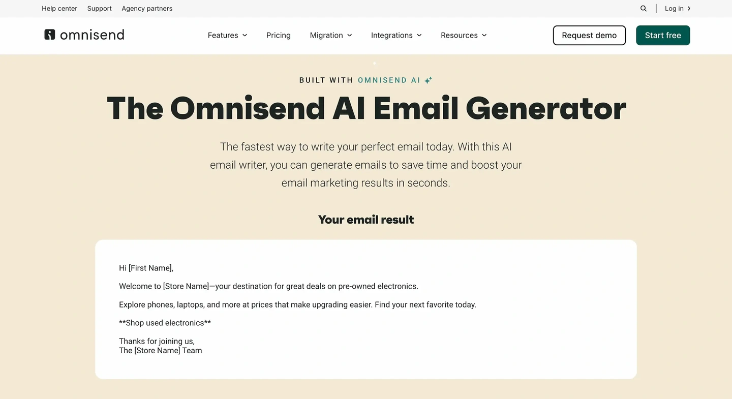 Omnisend AI Email Generator website interface showing a generated promotional email for an electronics store.