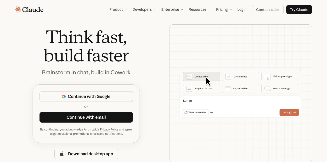 Claude website login page showing options to sign in with Google or email, next to an example interface for a new project.