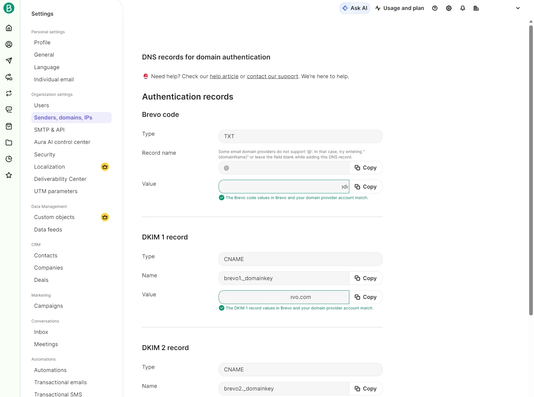 Brevo settings page showing DNS authentication records with fields for Type, Record name, and Value.