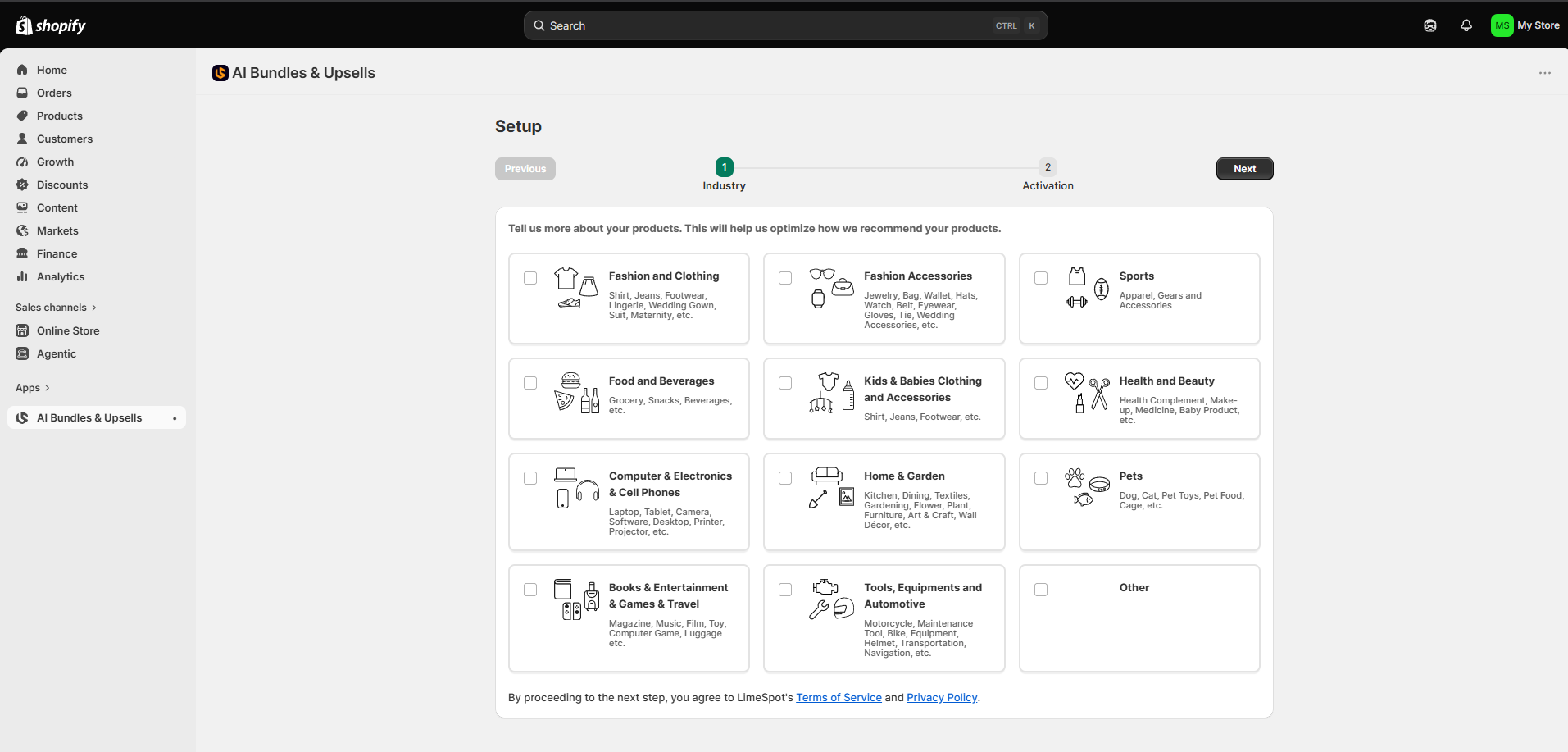 Shopify setup screen showing a grid of industry categories for AI bundle recommendations.
