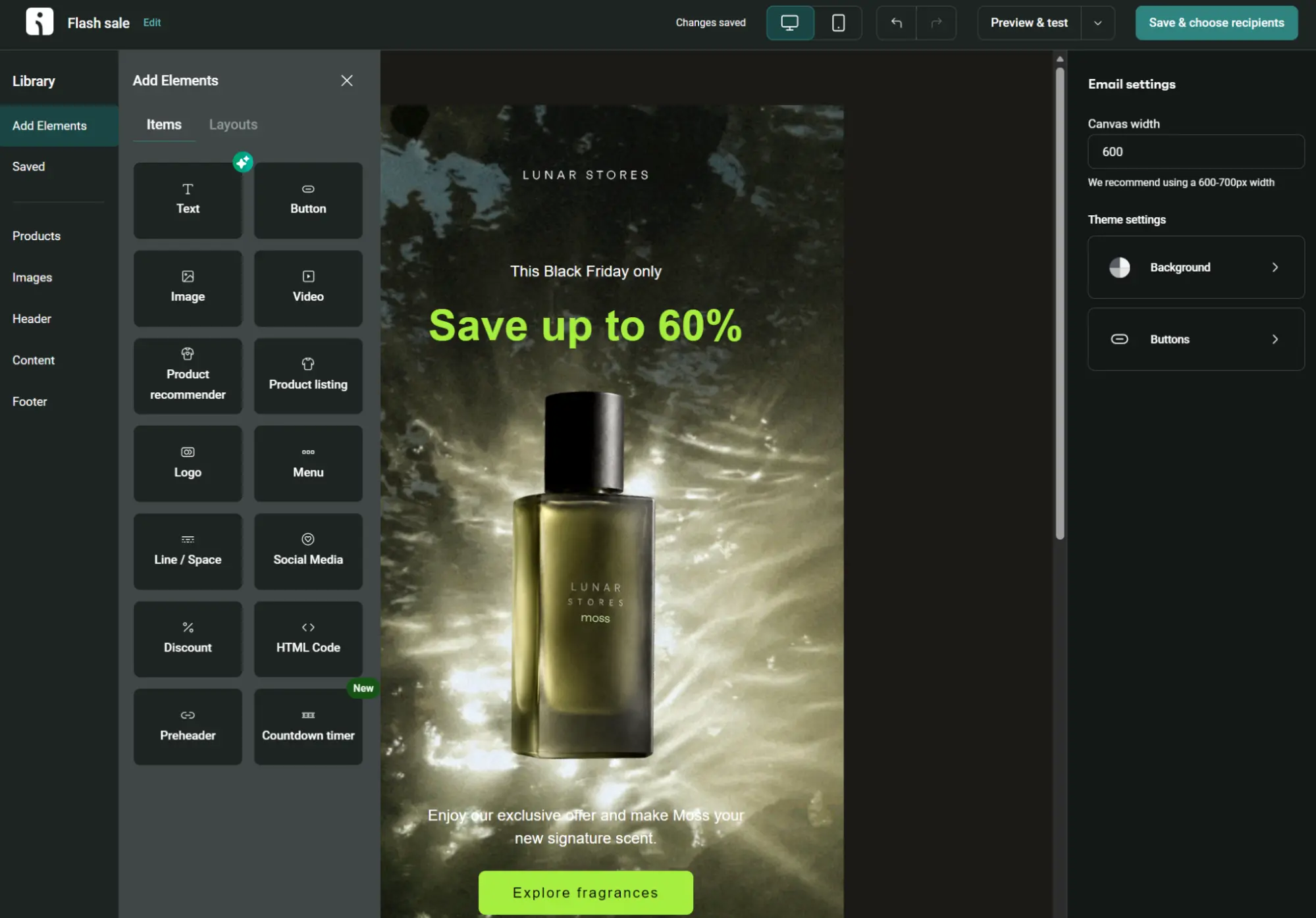 Email marketing editor interface showing a design template for a perfume sale.