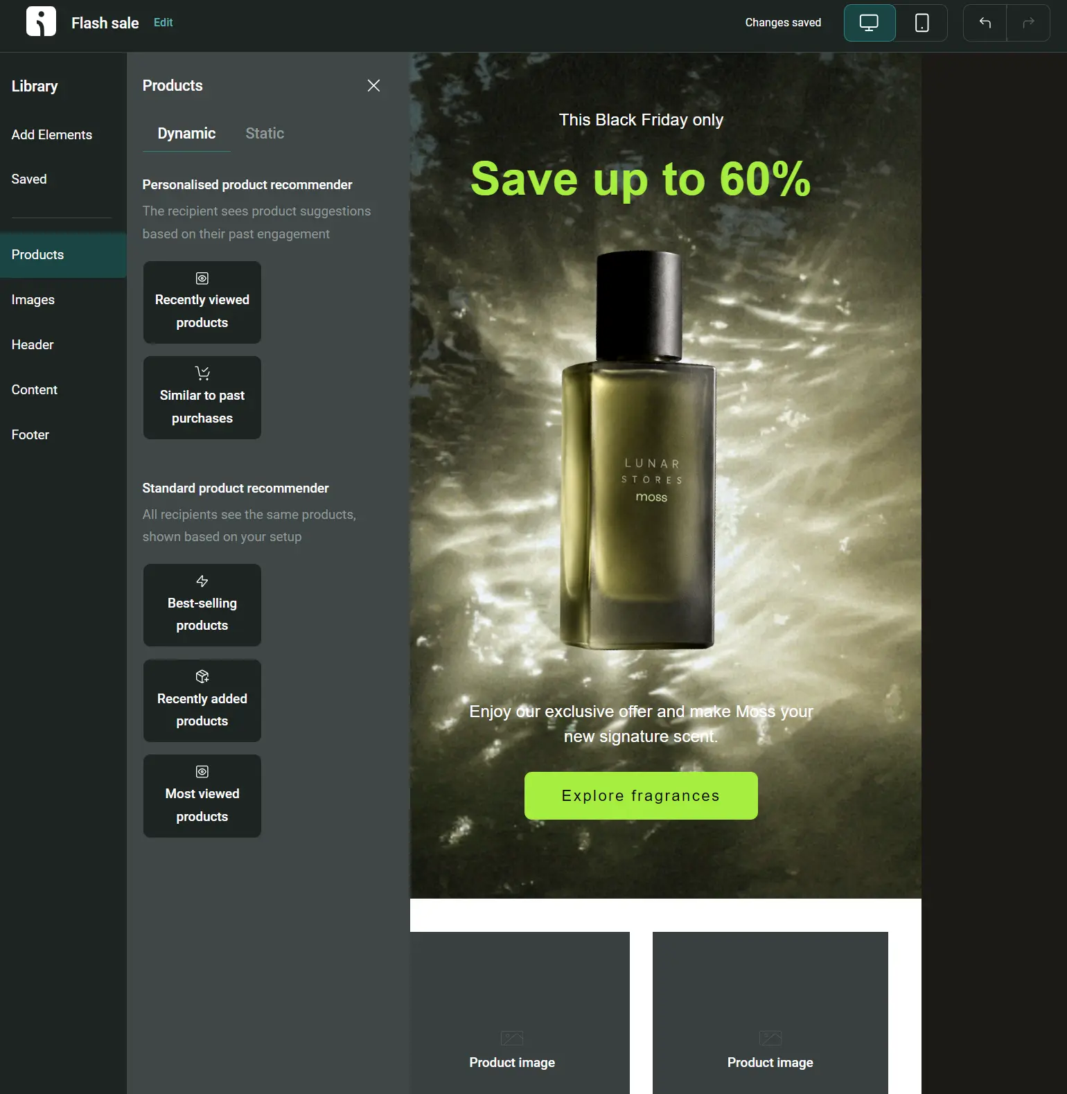 Email editor interface showing a Black Friday sale advertisement for Lunar Stores Moss fragrance and dynamic product recommendations.