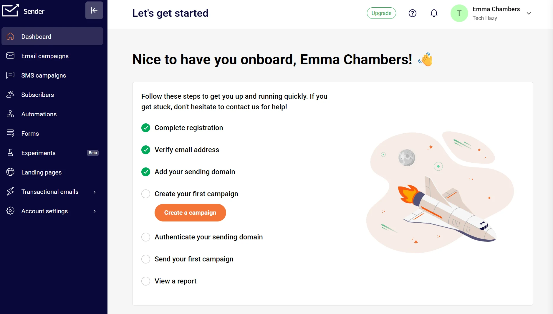 Onboarding checklist for a new account, showing completed registration, email verification, and domain setup steps.