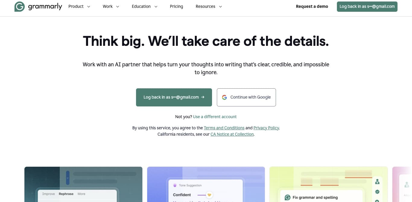 Grammarly website homepage featuring login options and the headline, Think big. Well take care of the details.