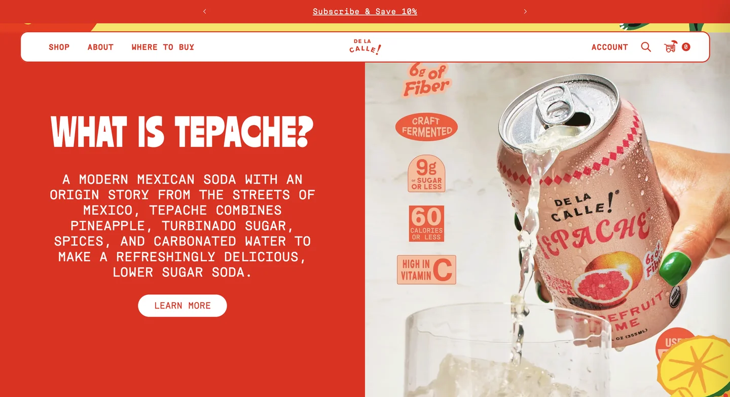 De La Calle’s website explaining tepache, a traditional Mexican drink, alongside a can of grapefruit-flavored soda.