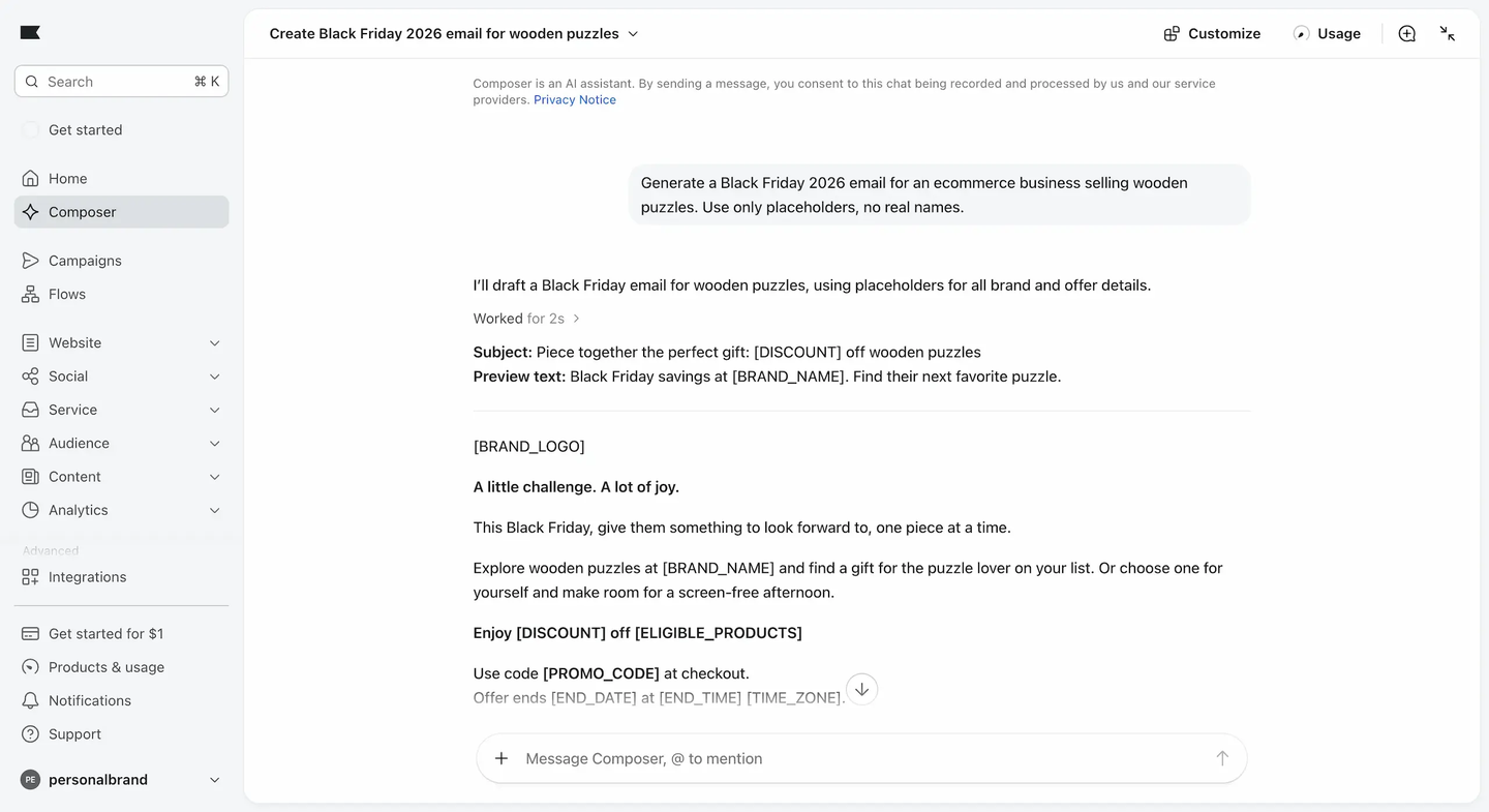 Screenshot of an AI composer interface displaying a generated Black Friday email draft for a wooden puzzle company.