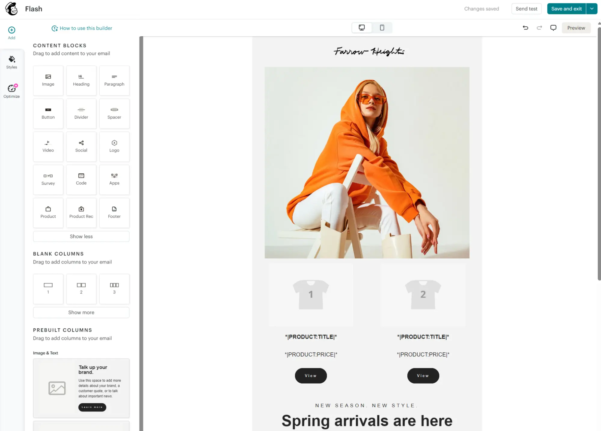 Email builder interface displaying a promotional template for Farrow Heights featuring a person in an orange hoodie.