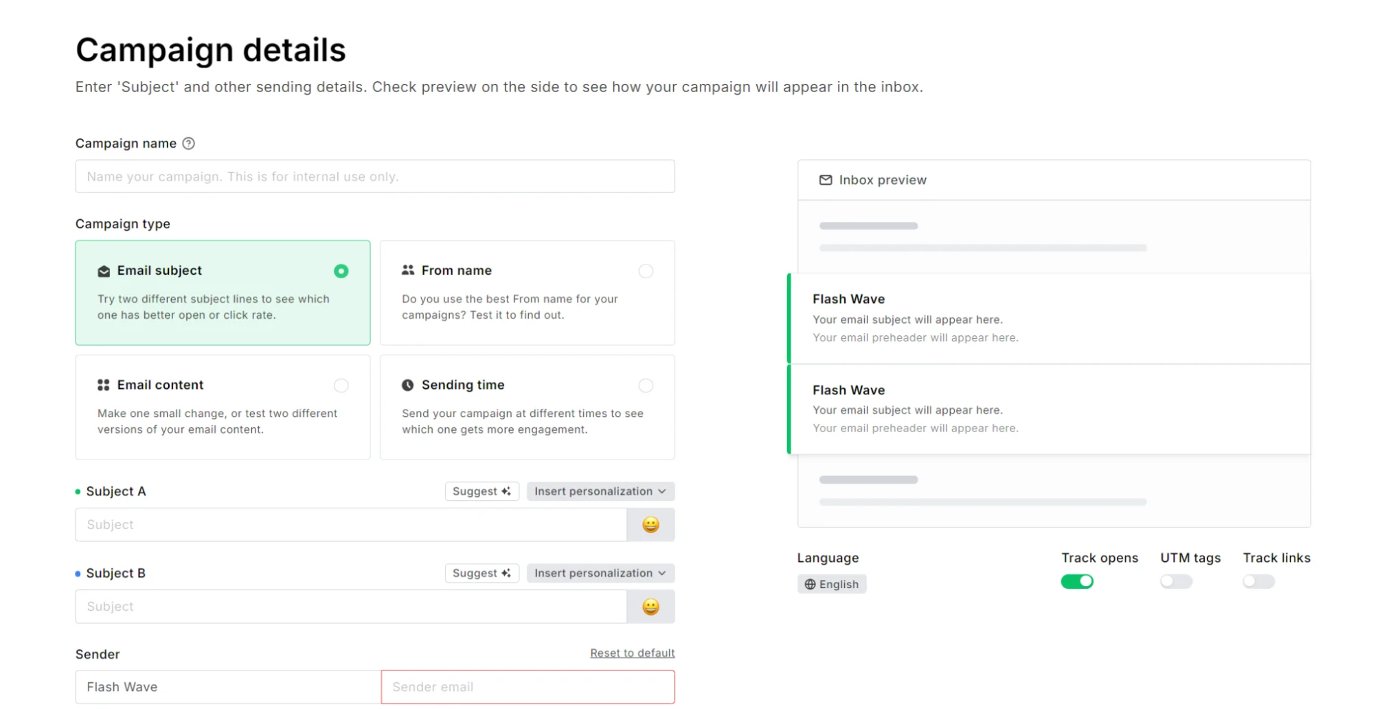 Email campaign setup interface showing options for subject lines, sender information, and an inbox preview.