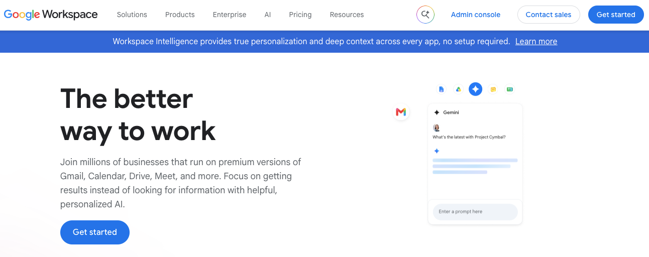 Google Workspace landing page featuring the headline The better way to work and a Gemini AI interface mockup.