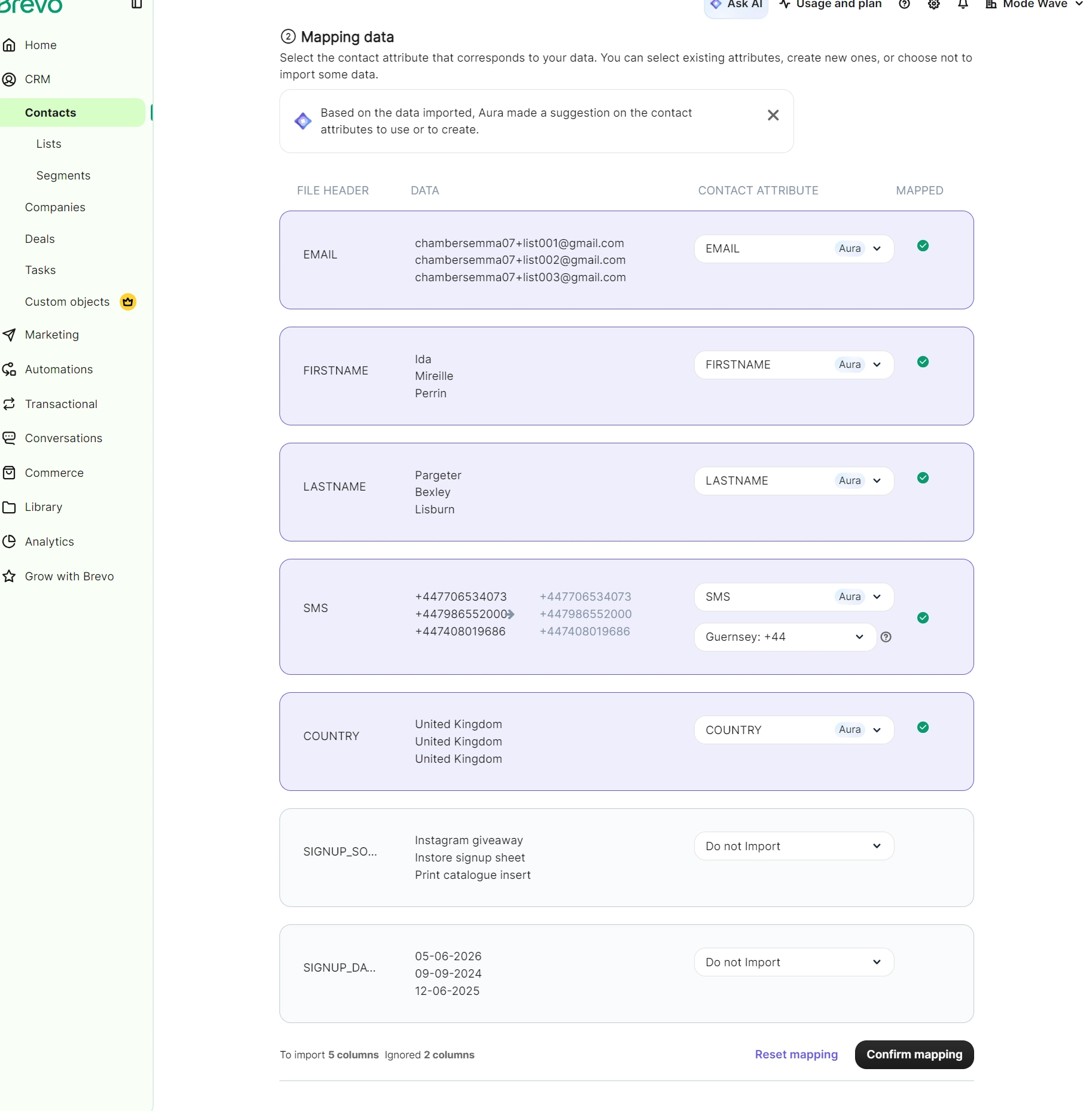 Brevo contact import mapping interface showing columns matched to contact attributes with a status of confirmed.