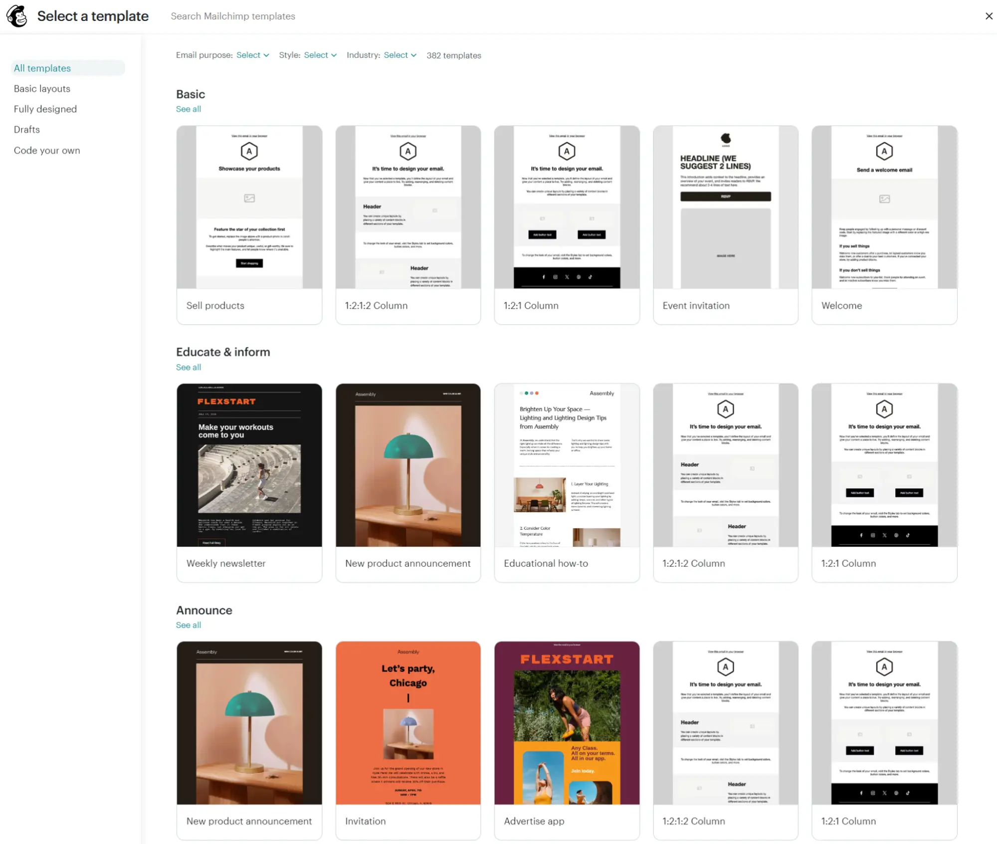 Mailchimp template selection screen displaying categories and thumbnail previews of various email designs.