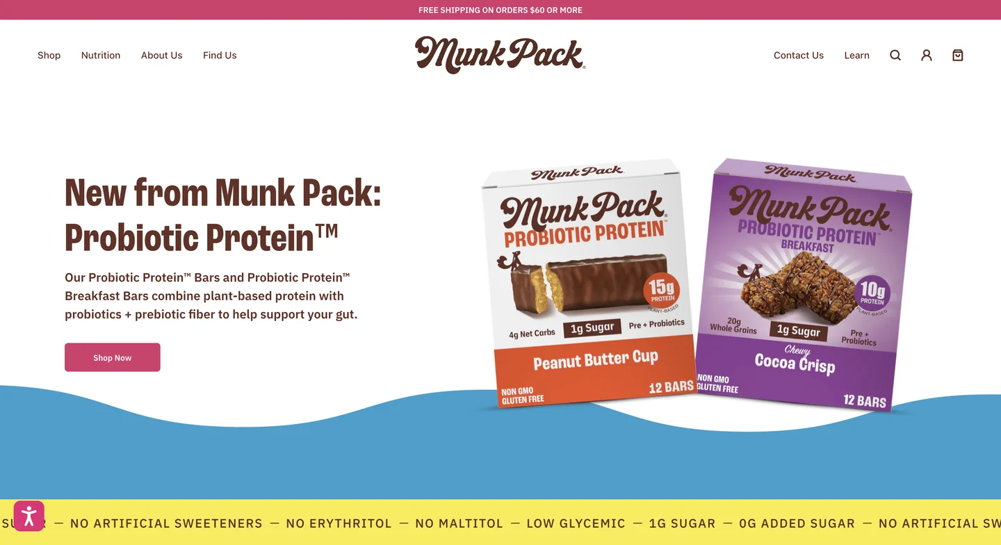 Munk Pack’s homepage featuring Probiotic Protein bars in Peanut Butter Cup and Cocoa Crisp flavors.