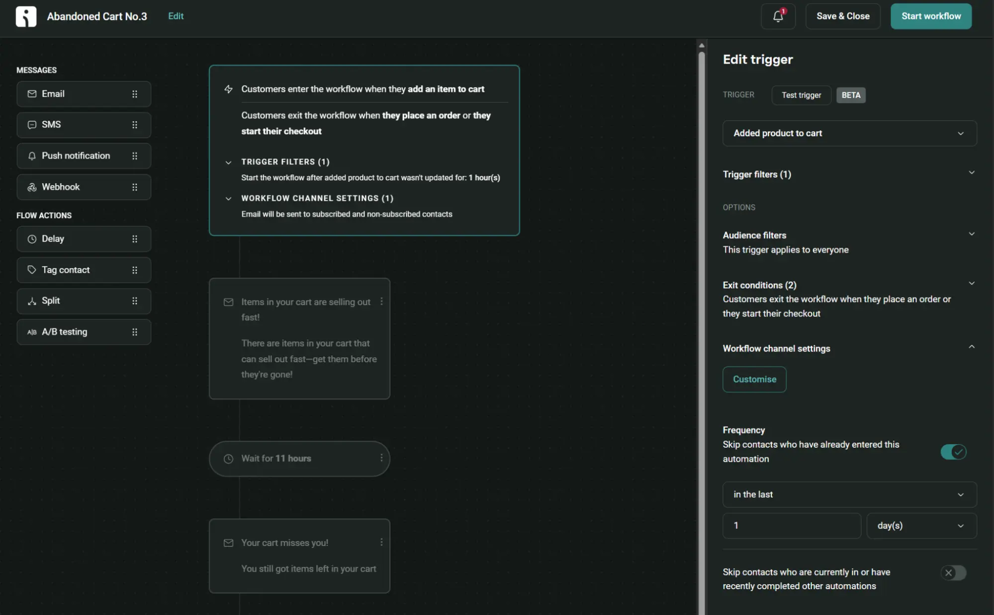 Interface for an abandoned cart automation workflow, showing trigger settings, email actions, and user exit conditions.