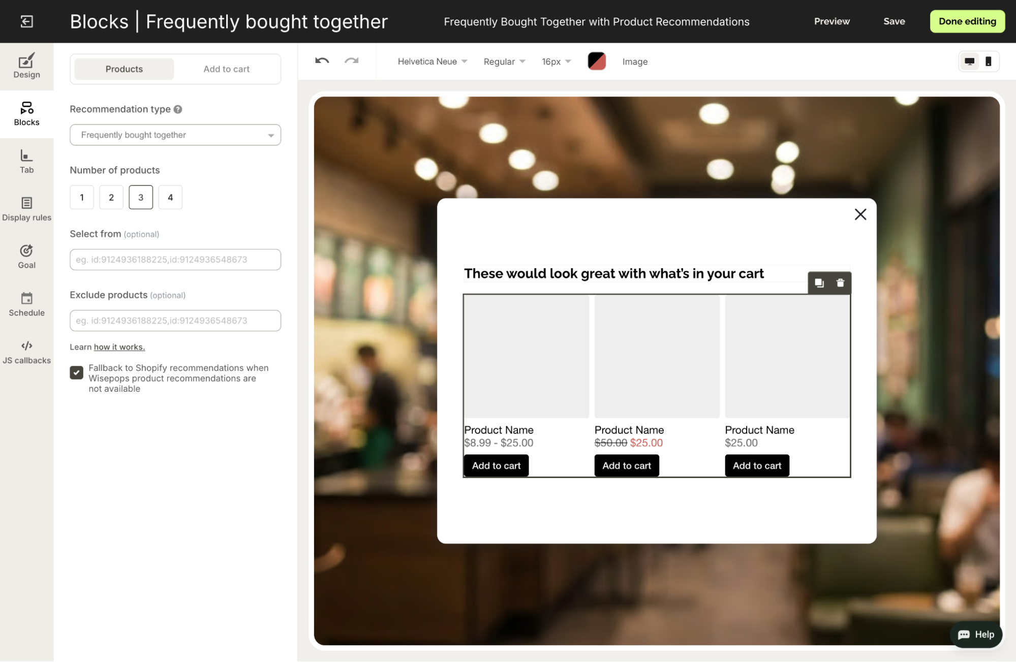 A Frequently bought together product recommendation widget editor.