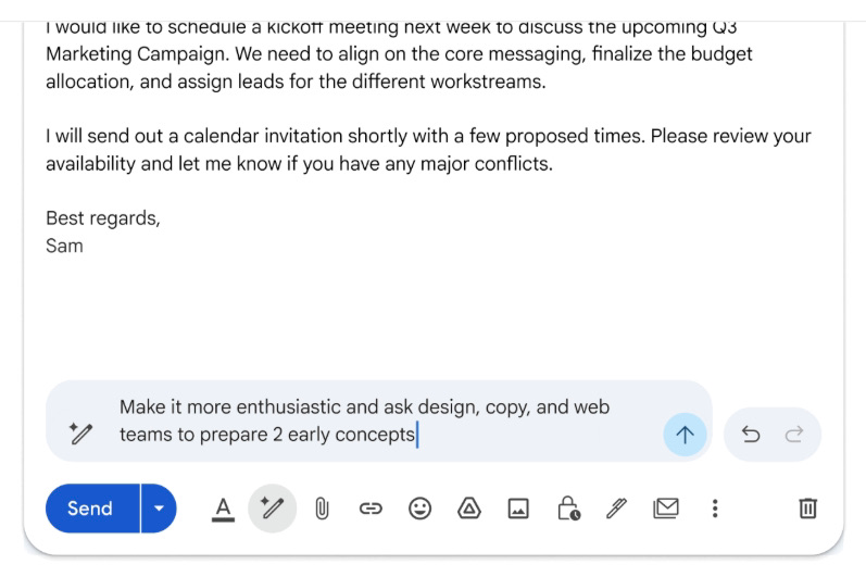 An email draft about a Q3 marketing campaign meeting, with a generative AI prompt added to the reply box.