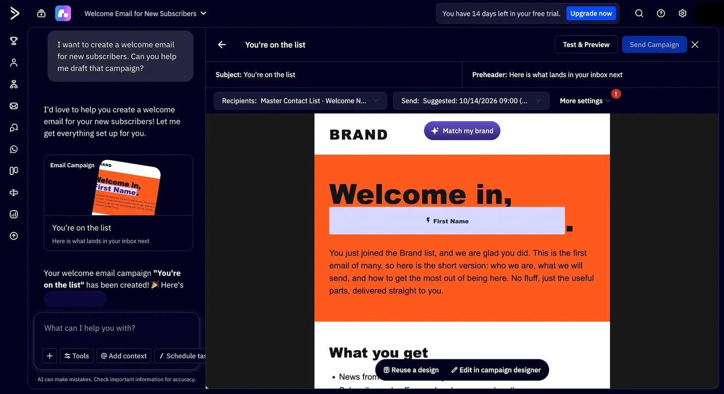 Activecampaign interface displaying a welcome email draft titled Welcome in, with an orange header.