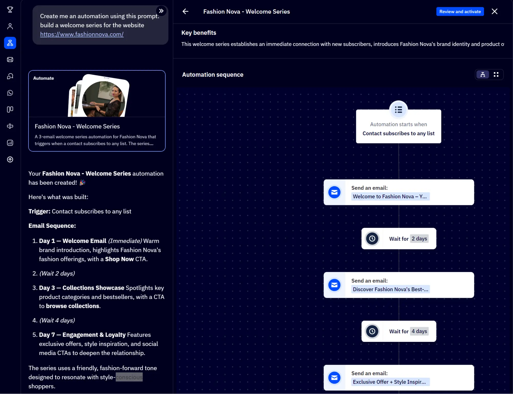 Activecampaign interface showing a three-step email marketing automation sequence for a welcome series.