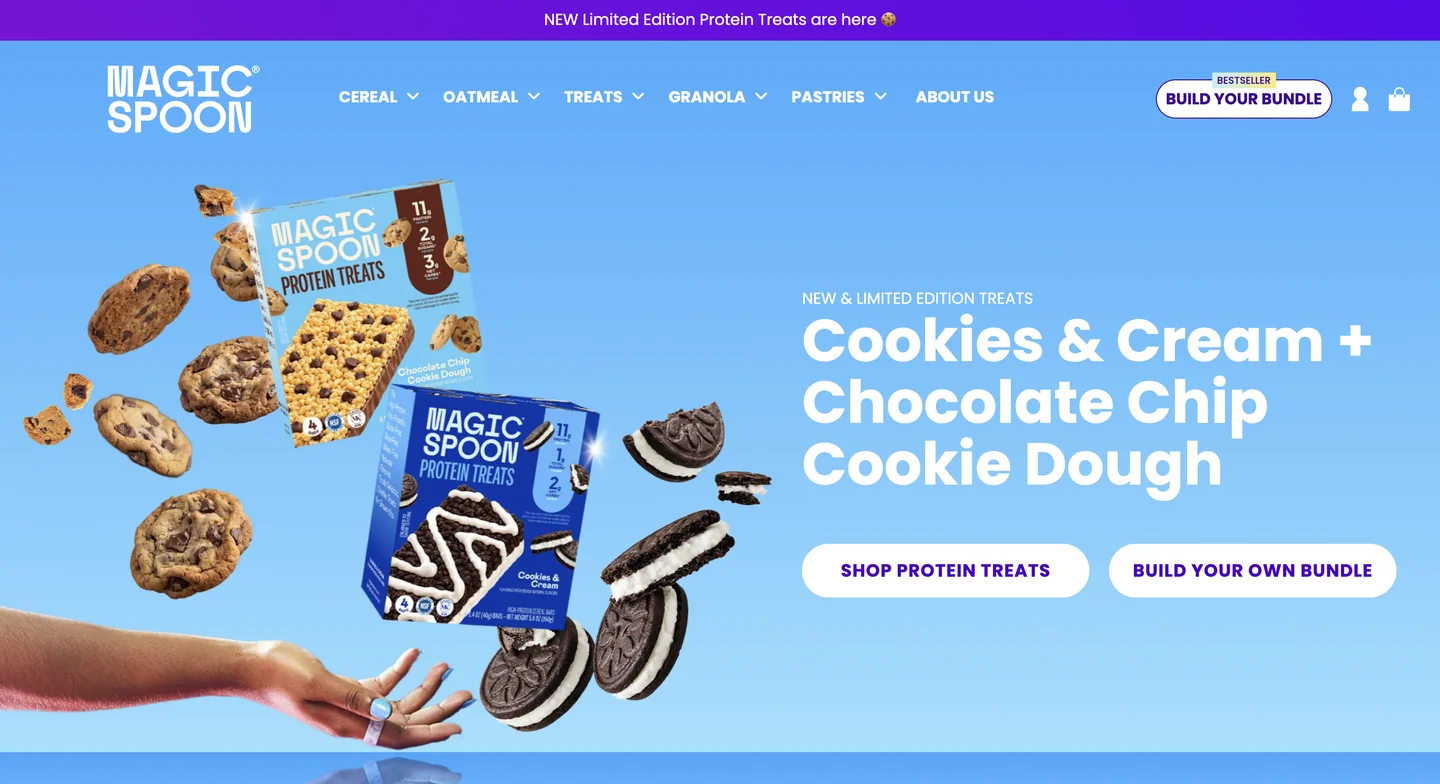 Magic Spoon’s homepage promoting Cookies & Cream and Chocolate Chip Cookie Dough protein treats with a bundle option.