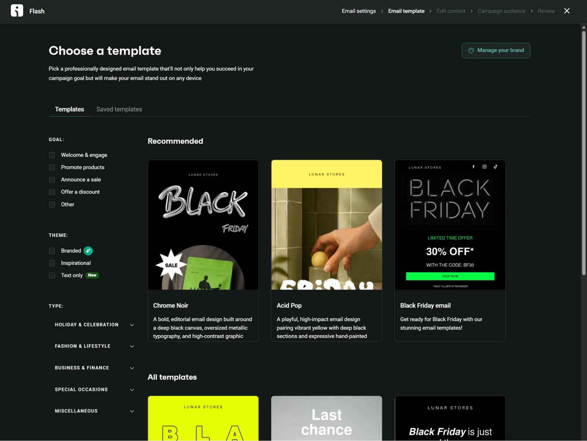 Email template selection screen with category filters and previews for Chrome Noir, Acid Pop, and Black Friday designs.