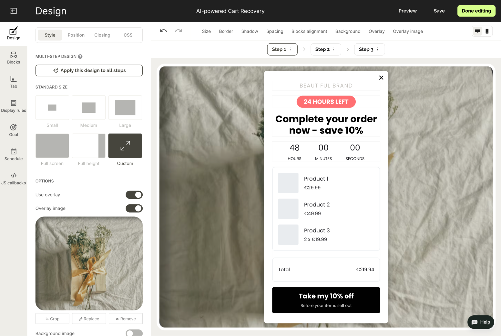 Interface for designing a cart recovery popup featuring a countdown timer and product list.