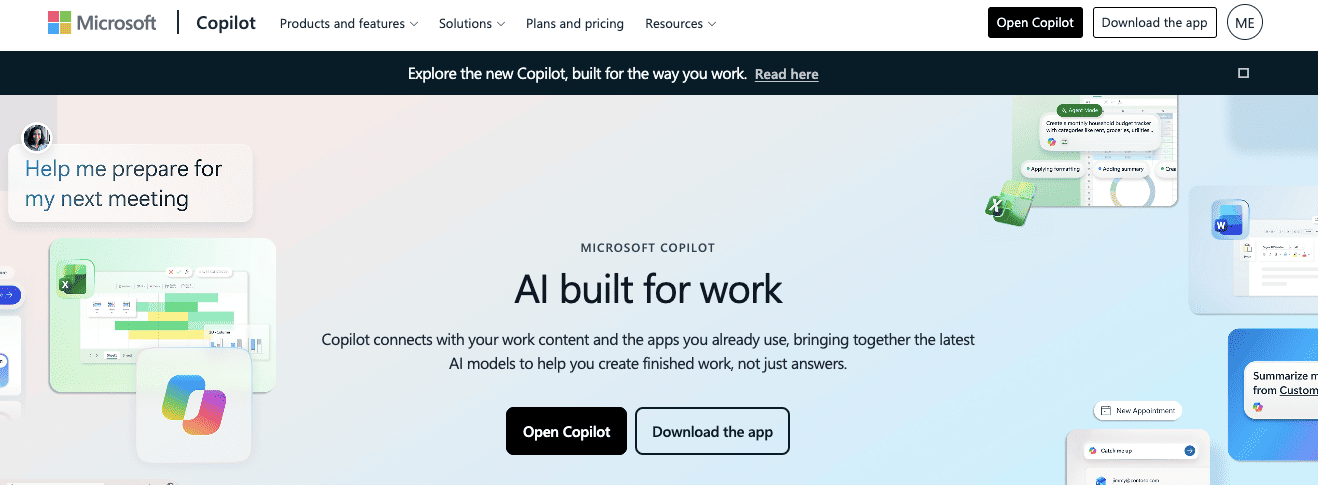Microsoft Copilot landing page with the headline AI built for work and buttons to open or download the app.