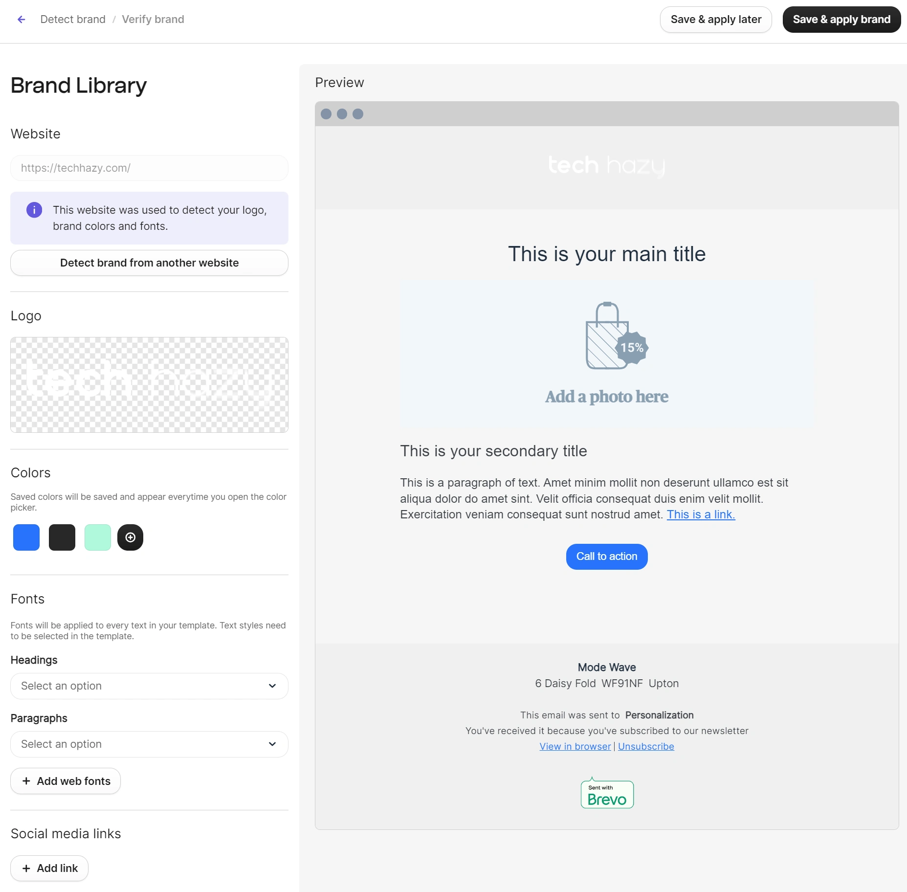 Brevo dashboard displaying a brand library and a live preview of an email template.